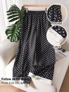 CosyJoli Quần ống rộng dáng suông cỡ lớn dành cho nữ, quần dài rộng rãi cho nữ, quần ren hoa, quần chấm bi, trang phục thường ngày cho nữ. - màu đen - Xem 3