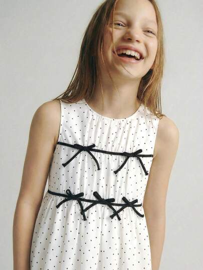 Maija Kids Maija Kids 1pc Tween Girls Casual Elegant Fashion Classic Polka Dot Pattern Loose Fit Sleeveless Dress, Suitable For Casual Outings, Gatherings, Festivals, Parties, Summer And Spring