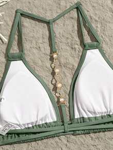 Swim Vcay Top de bikini de unicolor, con cuello halter, espalda descubierta y diseño decorativo y sexy - Verde - Ver 4