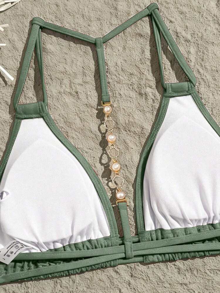 Swim Vcay Top de bikini décoratif sexy mode dos nu couleur unie - Vert - Voir 4