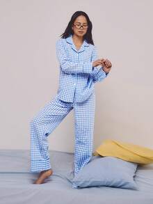 Athîral Women's Casual Plaid Pajama Set, Blue - Blue - View 2
