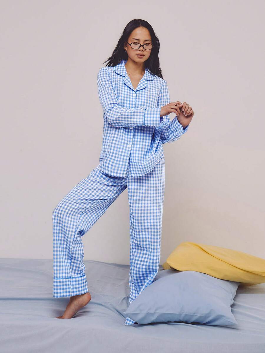 Athîral Women's Casual Plaid Pajama Set, Blue - Blue - View 1