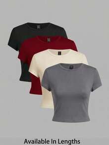 SHEIN Tall CURVE Conjunto de 4 piezas talla grande, camiseta ajustada de manga corta y cuello redondo en unicolor, adecuada para el verano - Multicolor - View 8