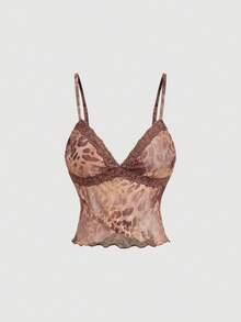 SHEIN MOD 女士豹纹蕾丝吊带背心和荷叶边迷你裙两件套，约会时尚套装 - 彩色 - 查看 6