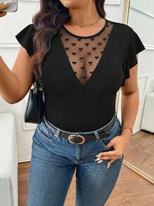 SHEIN Frenchy Plus Size Women's Casual Vacation Sexy Black Round Neck Ruffle Trim T-Shirt, Suitable For Spring & Summer - Black - View 4