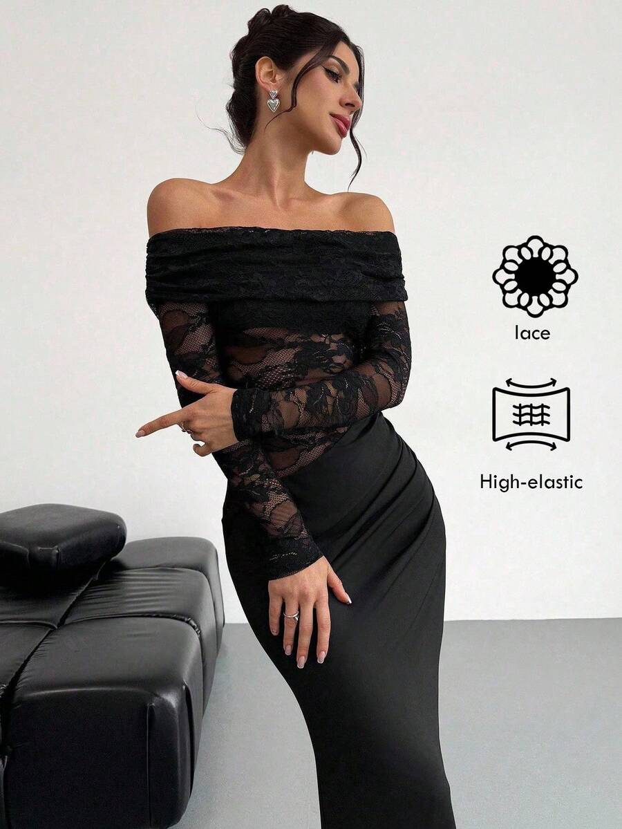 Firerie 女士优雅性感简约时尚 Fatale Charm 情人节新年聚会约会露肩纹理网眼透明褶皱低腰紧身红色长袖连衣裙