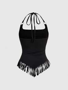 ROMWE Gothic Horror Skeleton Bone Print Fringe Crop Top - Black - View 2