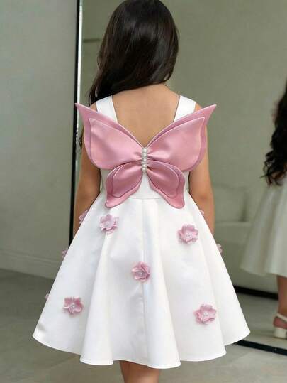SHEIN Tween Girls White & Pink Butterfly Pattern 3D Butterfly Elegant Floral Waist A-Line Formal Dress
