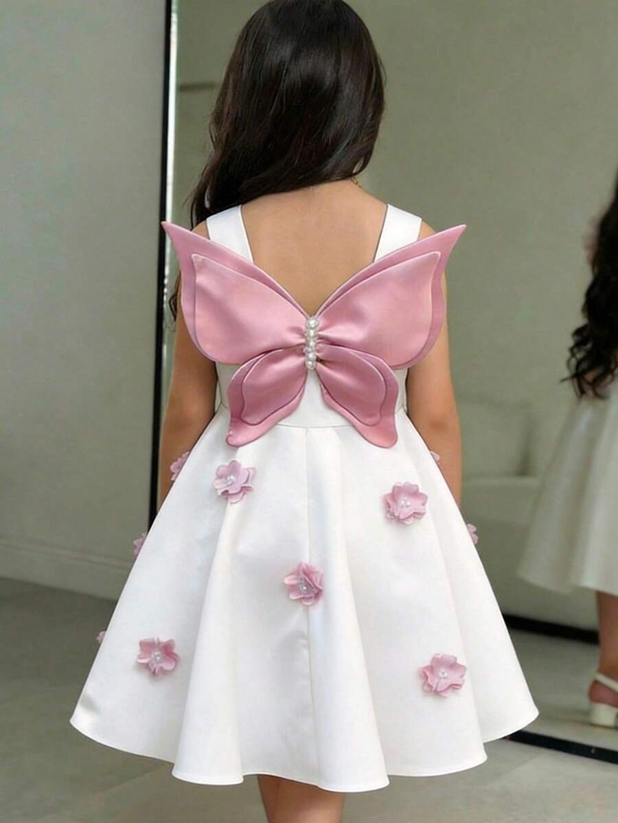 SHEIN Tween Girls White&Pink Butterfly Pattern 3D Elegant Floral Waist A-Line Formal Dress Girl With Bows Flower Bow 3 D Flowers - White - View 1