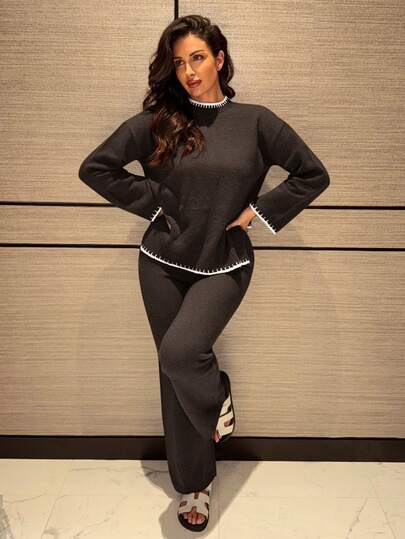 MDEdit 2 件套女士撞色饰边圆领落肩长袖宽松开衩针织毛衣套装