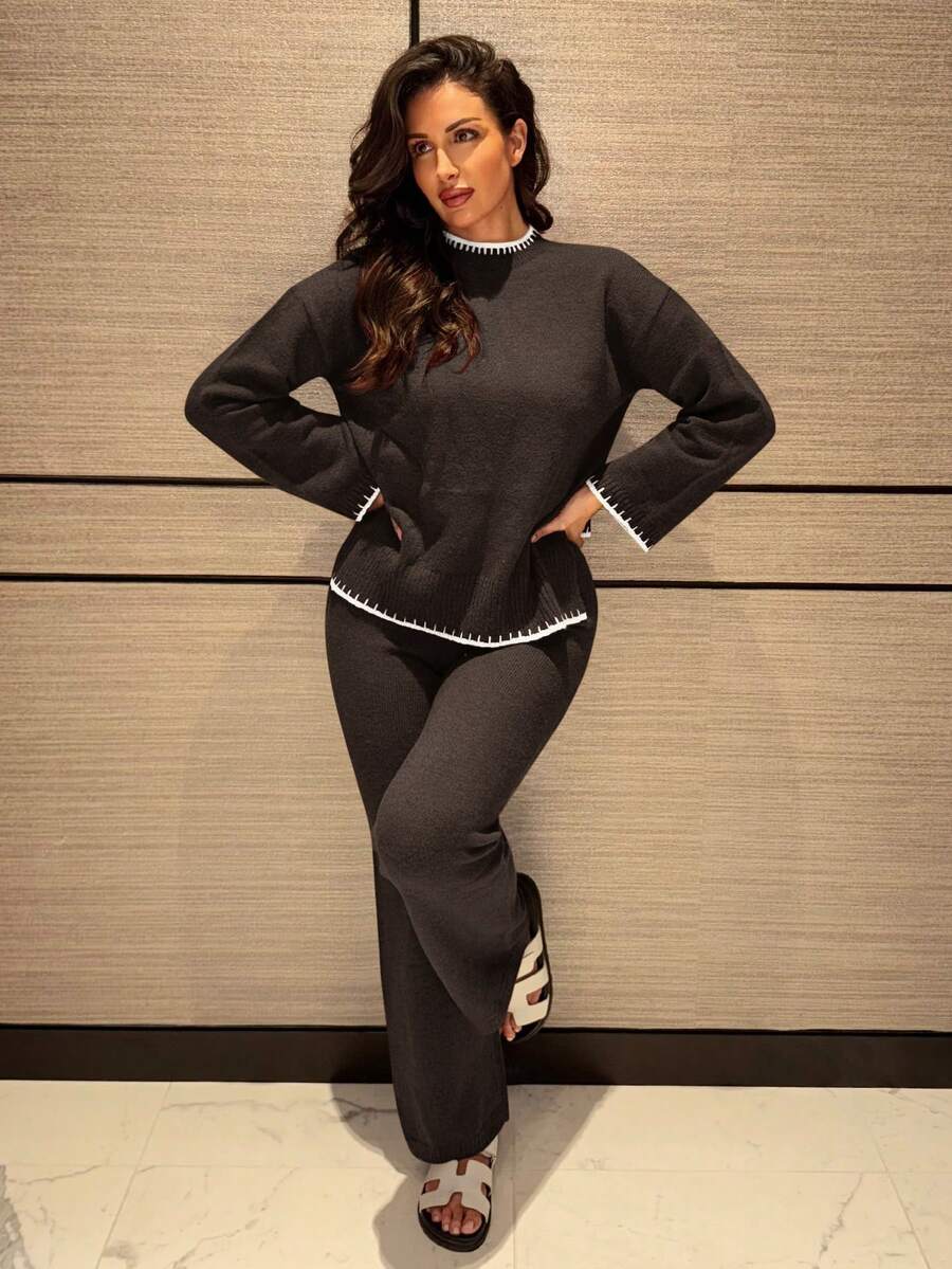 MDEdit 2 件套女士撞色饰边圆领落肩长袖宽松开衩针织毛衣套装 - 巧克力棕 - 查看 1