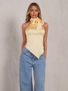 Glamine 性感露背系带蝴蝶结不对称下摆无袖缎面女式衬衫 - 黃色 - 查看 3