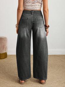 SHEIN PETITE Quần jeans ống loe rách nhẹ, phong cách thường ngày dành cho nữ, thích hợp cho kỳ nghỉ. - Xám - Xem 3