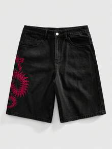 ROMWE MEN Quần short denim nam thường ngày đa năng với họa tiết thêu hình con rết và túi hai bên. - màu đen - Xem 1