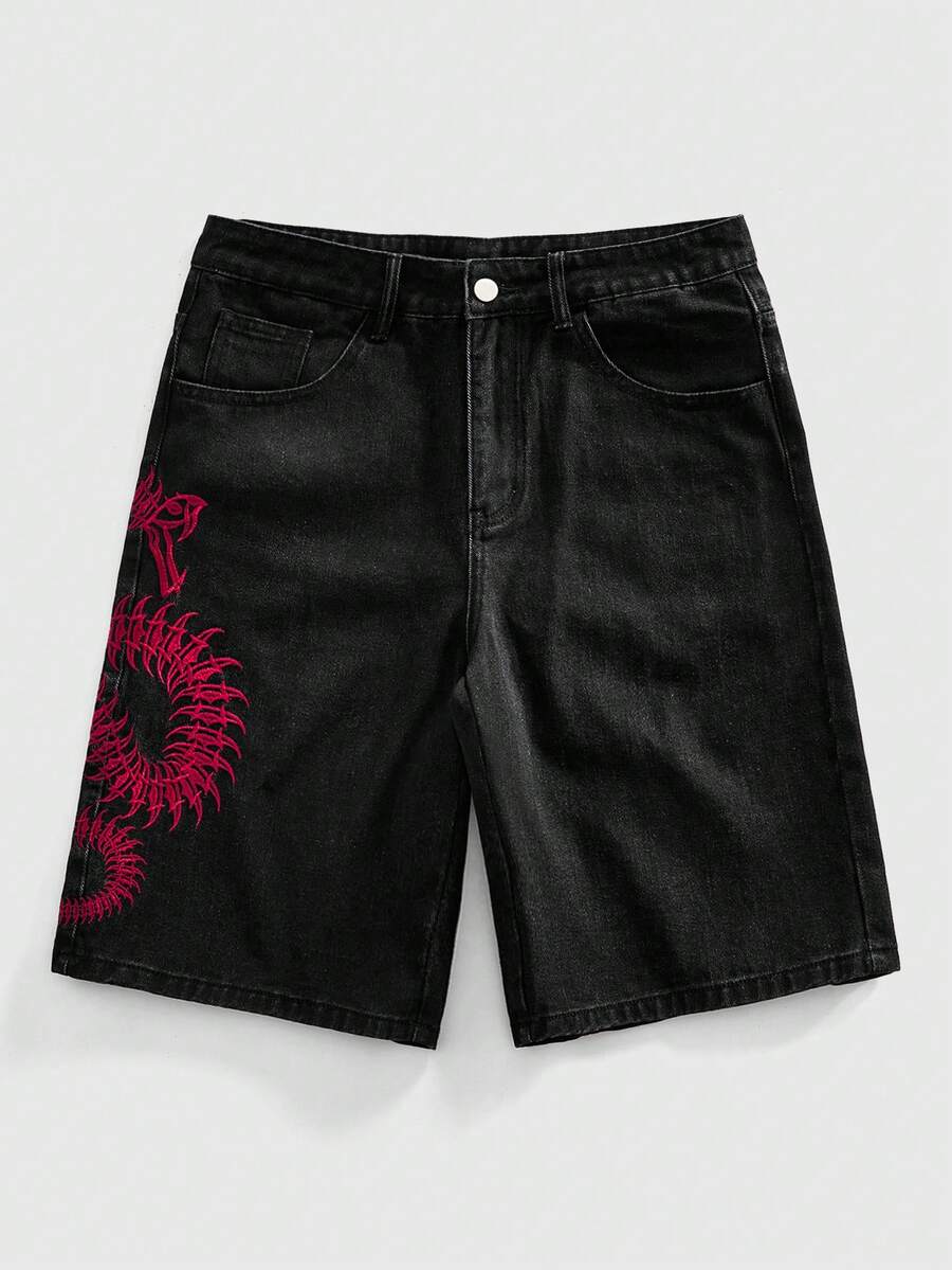 ROMWE MEN Quần short denim nam thường ngày đa năng với họa tiết thêu hình con rết và túi hai bên. - màu đen - Xem 1