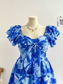 Soleia Plus Size Women's Vacation Blue Floral Print Cap Sleeve Tie Front Mini Dress - Blue - View 6