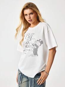 MONOPOLY X SHEIN 女士休闲宽松标语卡通印花圆领短袖T恤 - 白色 - 查看 4