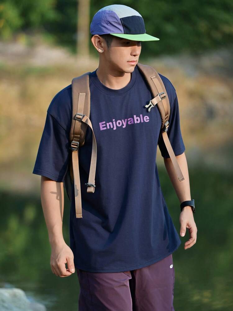 Men's Letter Print Short Sleeve T-Shirt, Navy Blue, Summer