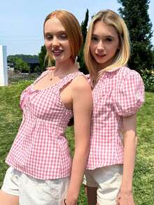 CovetEZ Women's Summer Casual Holiday Pink & White Plaid Short Petal Sleeve Single-Breasted Lapel Waist Casual Shirt - Pink - View 4