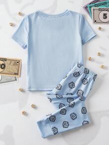 MONOPOLY X SHEIN 男童卡通印花短袖上衣和骰子印花紧身裤睡衣套装 - 淺藍色 - 查看 2