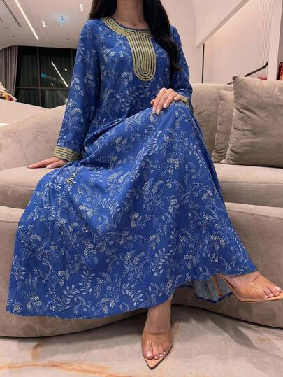 Yasmyna 女士优雅印花撞色滚边喇叭袖宽松连衣裙，度假风