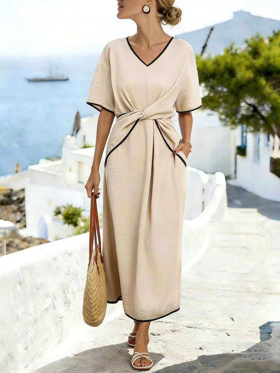 Breezaya 波西米亚风春季新款亚麻撞色滚边短袖连衣裙，松紧腰带，优雅休闲度假连衣裙