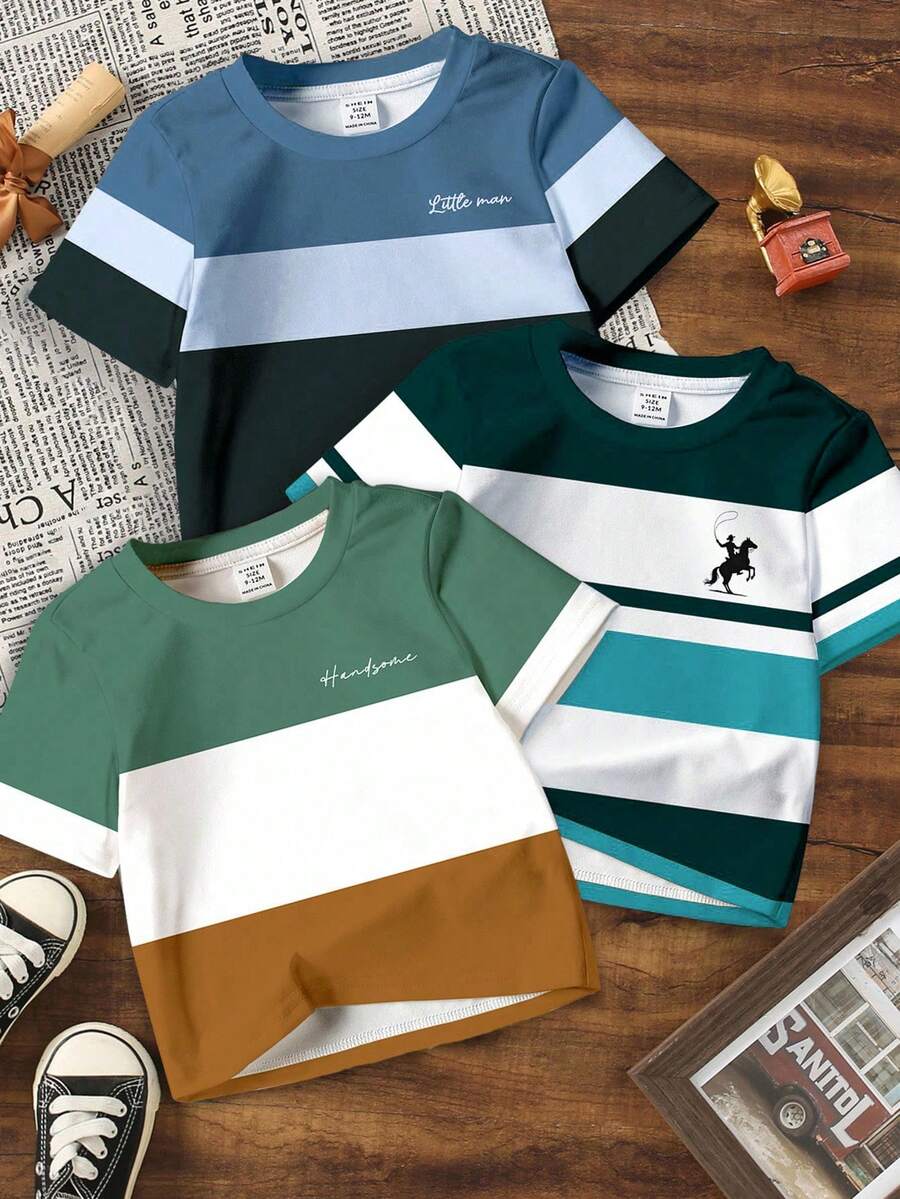 3 件套男童休闲短袖时尚酷炫经典拼色图案印花圆领 T 恤，适合夏季校园风格 - 彩色 - 查看 1