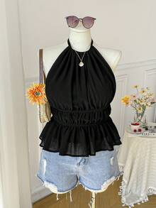 Comfortcana 加大码黑色褶皱抽绳露背休闲度假吊带上衣，春夏款 - 黑色 - 查看 5