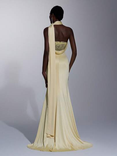 Elitara Elegant Avocado Green Luxury 3D Elastic Mesh Embroidered Sequin Minimalist Glamorous Sexy Front Plunge Neckline High Waist Slimming Back Criss-Cross Strap Sexy Deep Draped Neck Open Back Fishtail Hem Dress, Suitable For Dates, Vacations, Back To School, Weddings, Formal Events