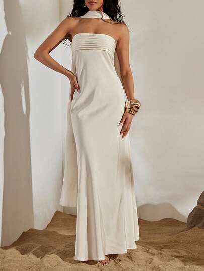 Opulessa Women's Solid Color Pleated Design Bandeau Dress With Neck Scarf Vacation Going Out Outfit, Elegant Sexy Party Date Night Outfits Women, Christmas Outfit Women, Elegant Wedding Guest Outfits, Elegant Party Outfit, Luxury Evening Outfit For Women