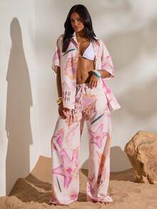 Opulessa Summer Spring Elegant Casual Going Out Beach Vacation Printed Loose Women's Pants, Elegant Seashell Print, Spring Summer Vacation Outfits - Pink - View 3