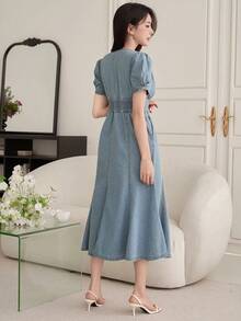 DAZY Women's Casual Washed V-Neck Petal Sleeve Denim Dress, Summer - Blue - View 2