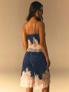 Athîral Women's Contrast Lace Sexy Camisole Denim Top - Blue - View 2