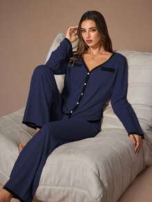 Lazeform Bộ đồ ngủ nữ kiểu Mỹ gồm áo khoác cardigan cổ chữ V tay dài và quần ống rộng phối màu tương phản. - Màu xanh hải quân - Xem 6