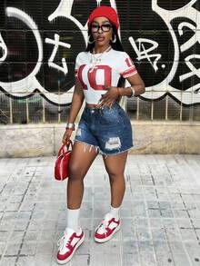 Slaydiva Women's Casual Denim Shorts With Pockets, Distressed Holes And Rhinestone Decor Ladies Y2k Summer Ripped Shorts Rhinestone Shorts - Blue - View 4