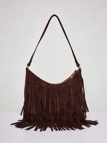 MUSERA Faux Leather Fringed Handbag Cute Summer Going Out Daily Spring Holiday Accessory Women's Fashionable Retro Simple Tassel Suede Shoulder Bag - Coffee - View 3