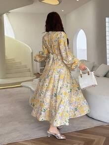 Feyla Đầm dài tay kiểu Pháp cổ điển màu vàng in hoa, thắt eo. - Nhiều màu - Xem 7