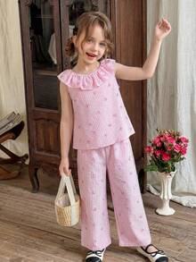 SHEIN 2pcs Young Girl Ditsy Floral Ruffle Trim Top And Loose Fit Pants Set - Pink - View 2