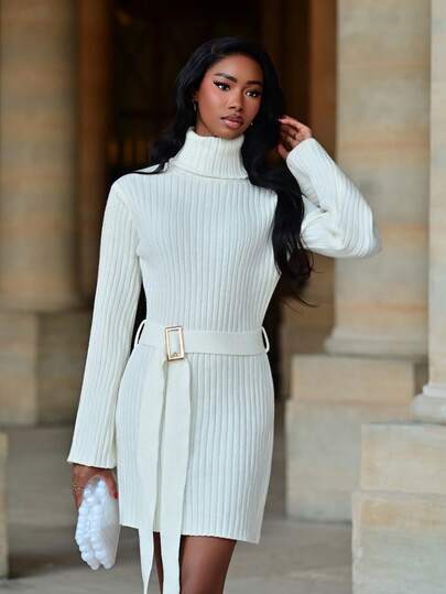 Mima John 秋冬新款金属可调节扣腰带，高领喇叭袖休闲舒适时尚优雅毛衣裙，适合多种场合