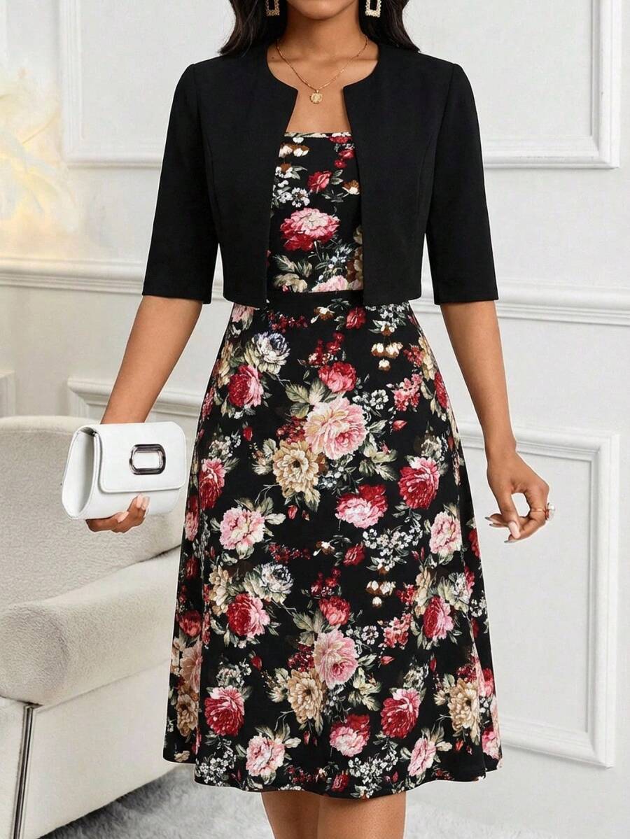 EMERY ROSE Bộ đồ 2 món thanh lịch dành cho nữ: áo khoác cardigan màu trơn và váy không tay in hoa. - Nhiều màu - Xem 1