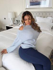 Maria Perezxox 女士宽松镂空落肩长袖休闲毛衣，秋季 - 藍色 - 查看 4