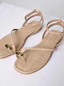 MUSERA Gold Toe Detail Asymmetric Strappy Straw Style Sandal Spring Summer Beach Swim Festival Vacation Cute Daily - Apricot - View 5