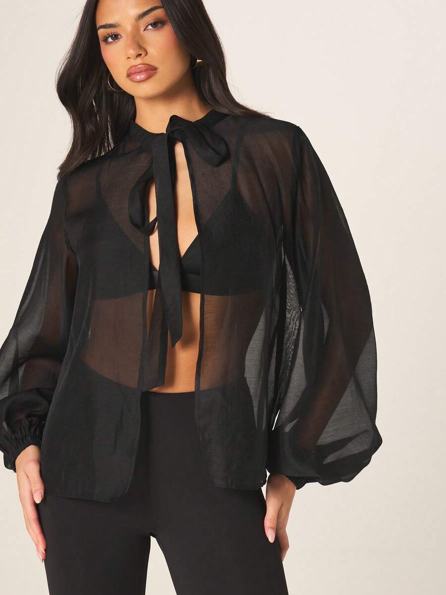MISSGUIDED Sheer Organza Long Sleeve Collared Blouse With Oversized Fit And Tie Front Detail For Evening Occasions - Black - View 1