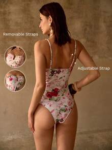 MOTF PREMIUM 多色浪漫花卉印花，正面及中间镂空装饰，女士连体泳衣，优雅玫瑰花设计，适合海滩和度假穿着 - 彩色 - 查看 3