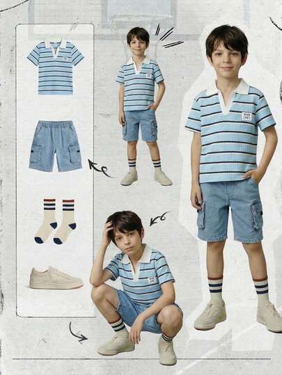 SHEIN Casuvi Kids 1 pieza Camisa polo de punto con cuello en V a rayas de estilo universitario casual para niños pequeños, manga corta adecuada para niños de 4 a 7 años para usar en primavera y verano. Esta camisa polo de niño soleado es adecuada para uso al aire en la escuela