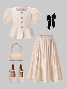 优雅方领泡泡袖套装，适合日常穿着、聚会和外出活动。 - 杏色 - 查看 4