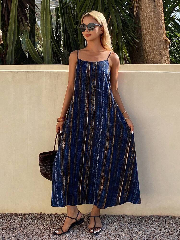 Women's Casual Contrast Stripe Sleeveless A-Line Mid-Length Dress, Summer Sundress