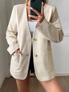 DAZY 女士休闲薄款西装外套，条纹袖口，单排扣设计 - 米色 - 查看 4