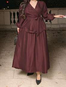 Dazy Plus 大码女士优雅纯色V领系带衬衫和A字裙两件套，春夏款 - 酒紅色 - 查看 5