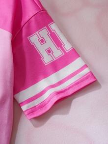 HELLO KITTY AND FRIENDS | SHEIN 少女休闲时尚街头运动卡通字母印花V领宽松短款T恤，夏季 - 粉色 - 查看 5